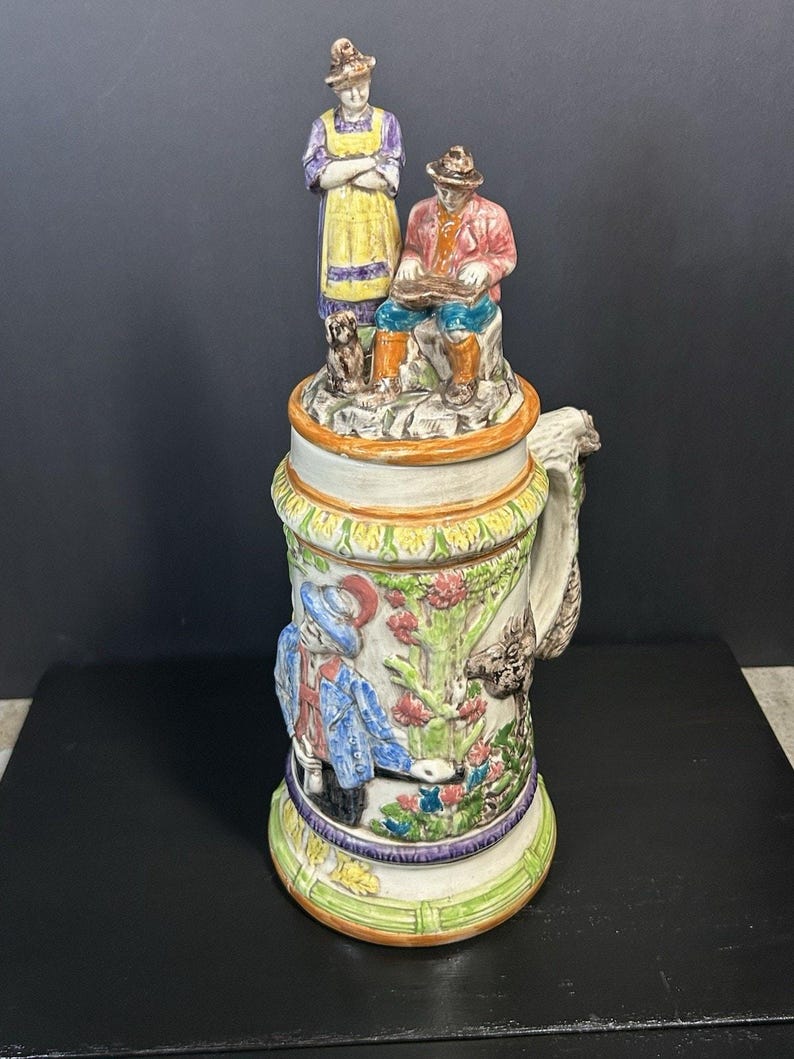 Vintage 1974 Hand-Painted Ceramic Beer Stein, Folk Art Tankard image 4