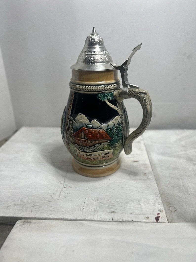 Vintage German Beer Stein 1 Liter Pewter Lid Bavarian Village Scene Oktoberfest Mug Rustic Bar Collectible image 2