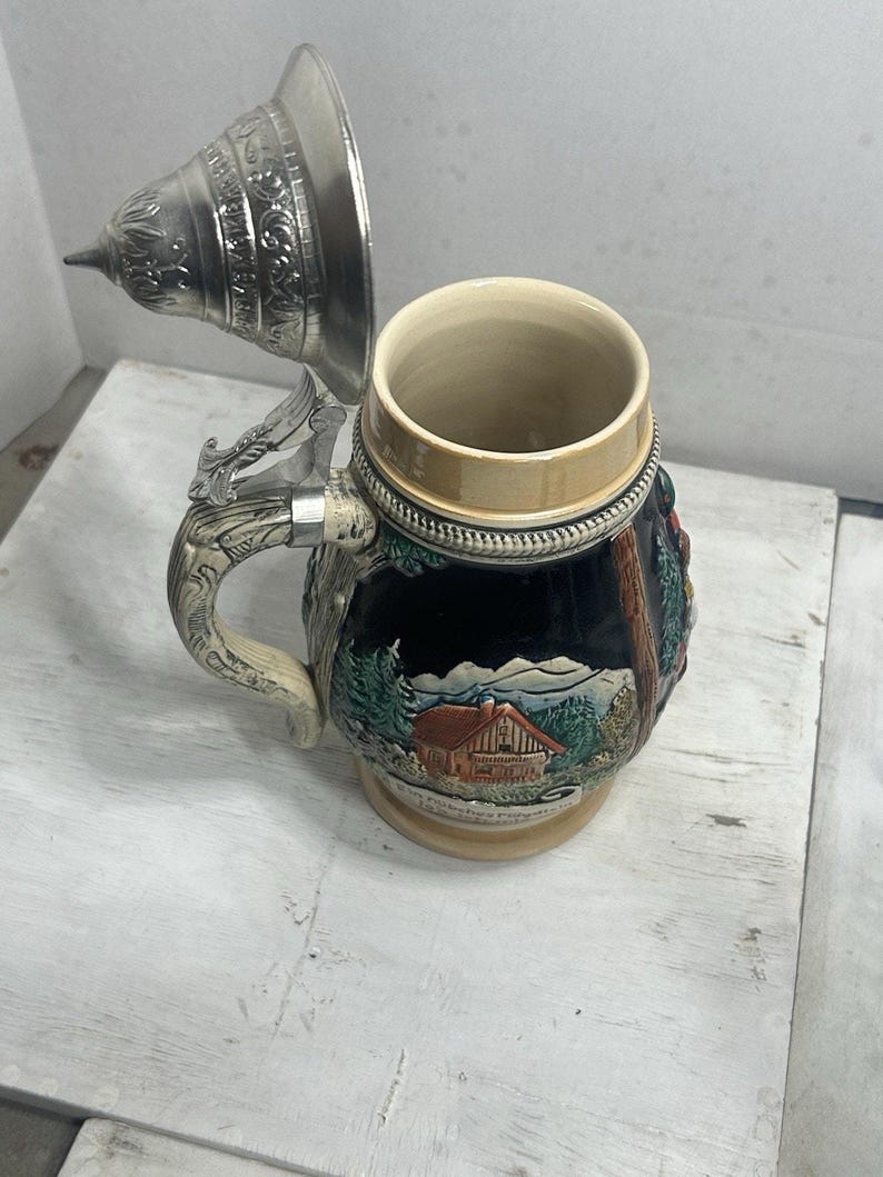 Vintage German Beer Stein 1 Liter Pewter Lid Bavarian Village Scene Oktoberfest Mug Rustic Bar Collectible image 7