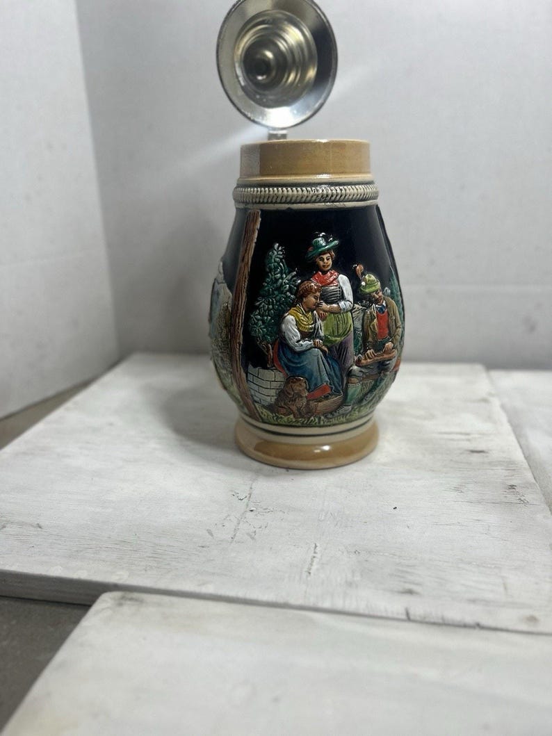 Vintage German Beer Stein 1 Liter Pewter Lid Bavarian Village Scene Oktoberfest Mug Rustic Bar Collectible image 8