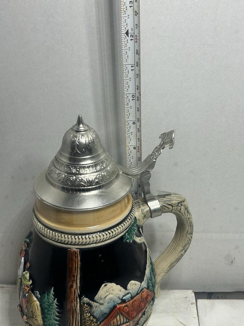 Vintage German Beer Stein 1 Liter Pewter Lid Bavarian Village Scene Oktoberfest Mug Rustic Bar Collectible image 9