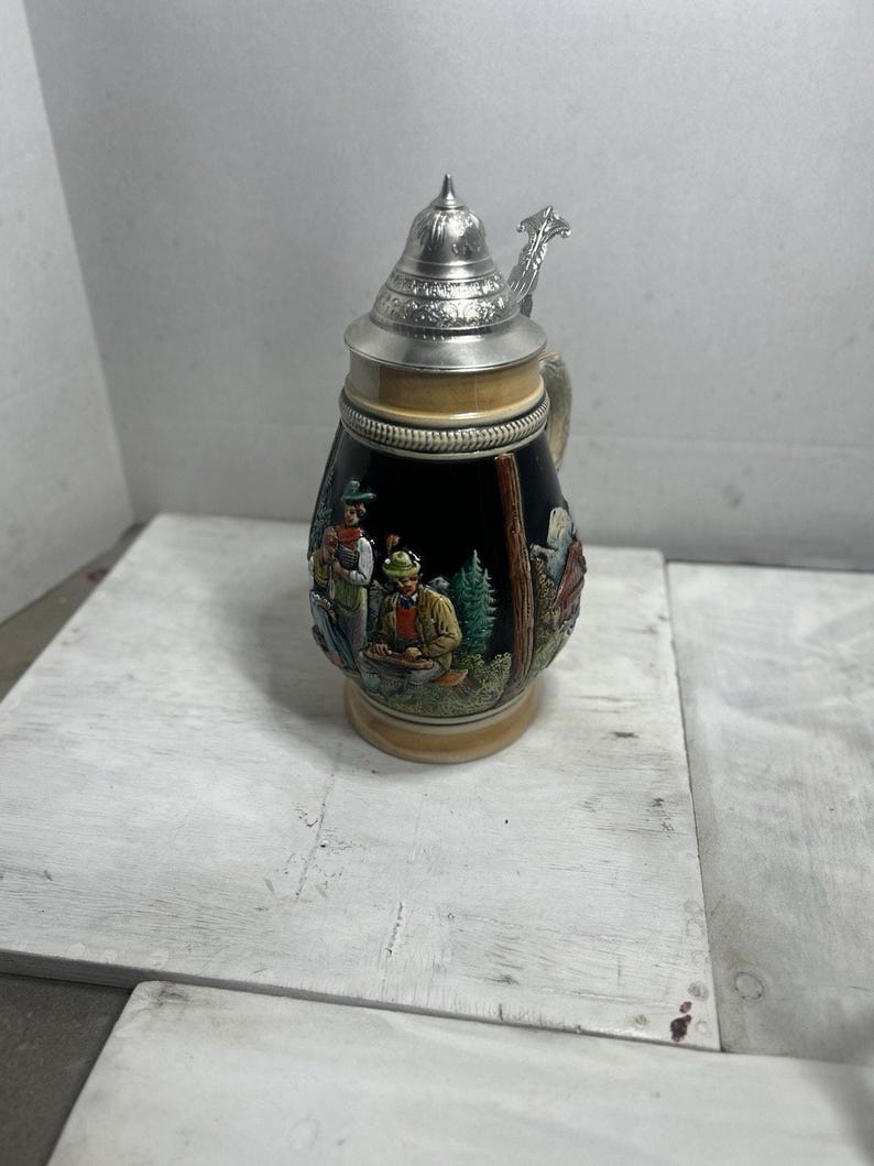 Vintage German Beer Stein 1 Liter Pewter Lid Bavarian Village Scene Oktoberfest Mug Rustic Bar Collectible image 10