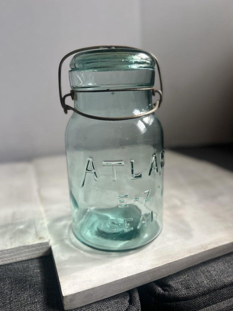 Antique Hazel-Atlas E-Z Seal Quart Aqua Fruit Jar Glass Lid Wire Bail Lightning Closure Mold No. 2 RB 111 image 2