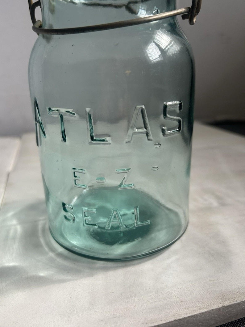 Antique Hazel-Atlas E-Z Seal Quart Aqua Fruit Jar Glass Lid Wire Bail Lightning Closure Mold No. 2 RB 111 image 3
