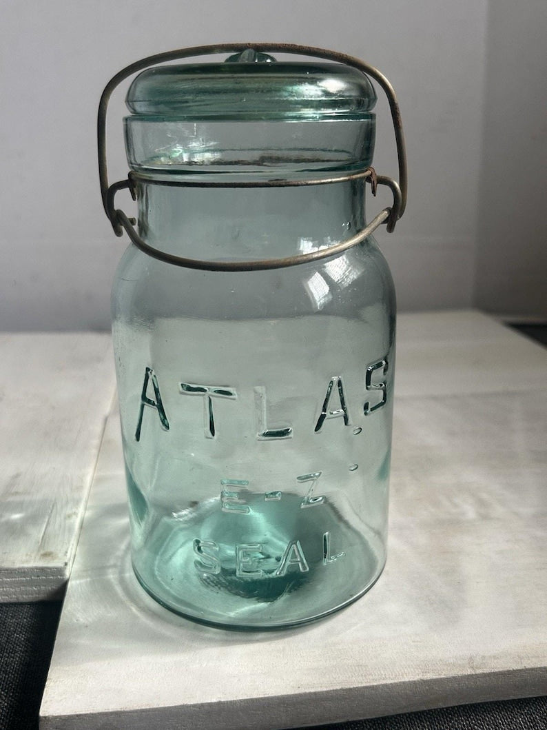 Antique Hazel-Atlas E-Z Seal Quart Aqua Fruit Jar Glass Lid Wire Bail Lightning Closure Mold No. 2 RB 111 image 10