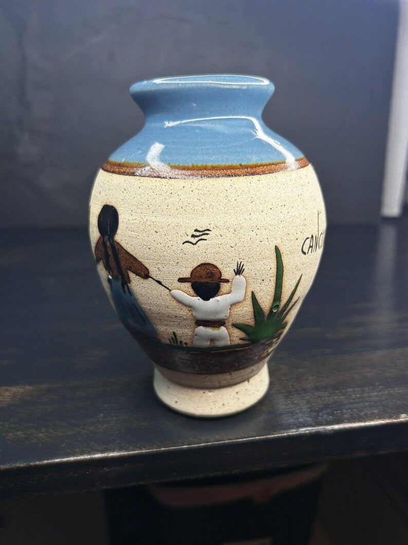 Vintage Hand-Painted Mexican Folk Art Pottery Vase, Mother and Child Scene, Cancun, Cream and Blue image 1