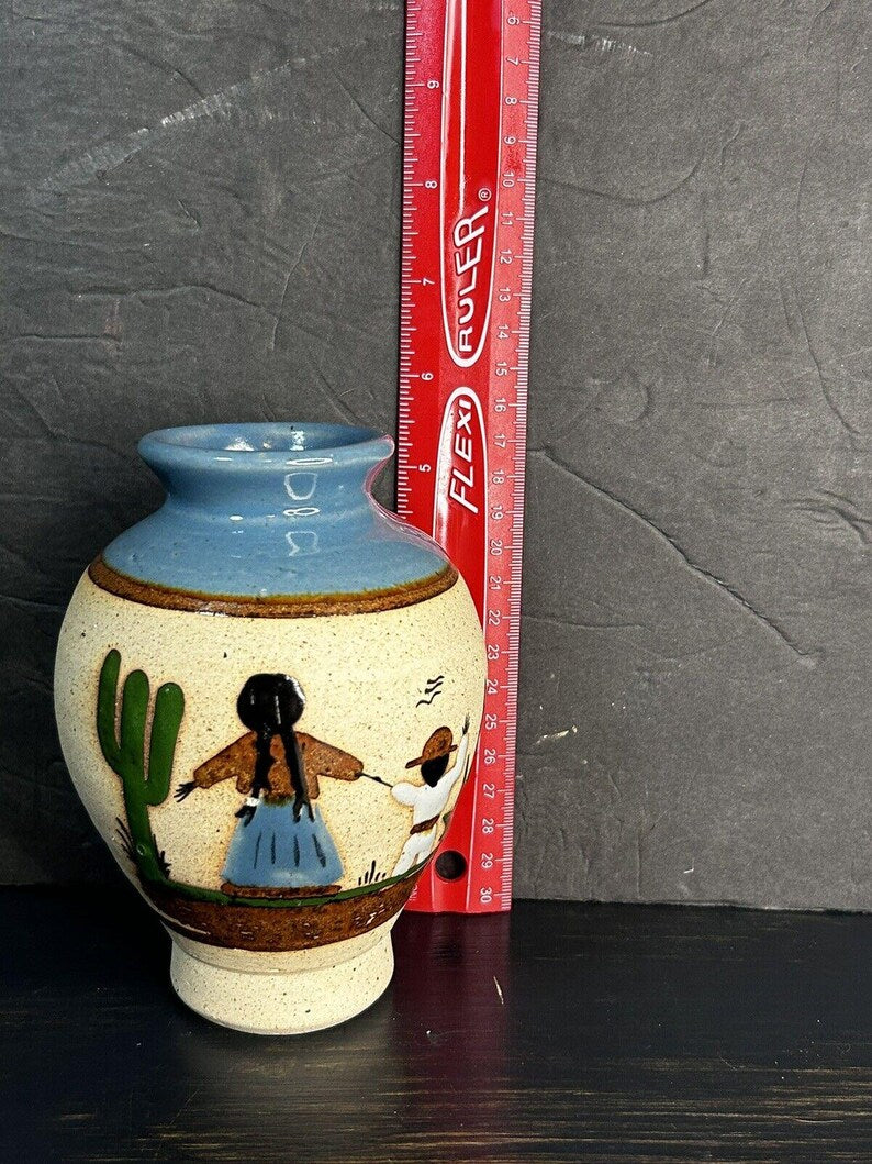 Vintage Hand-Painted Mexican Folk Art Pottery Vase, Mother and Child Scene, Cancun, Cream and Blue image 7