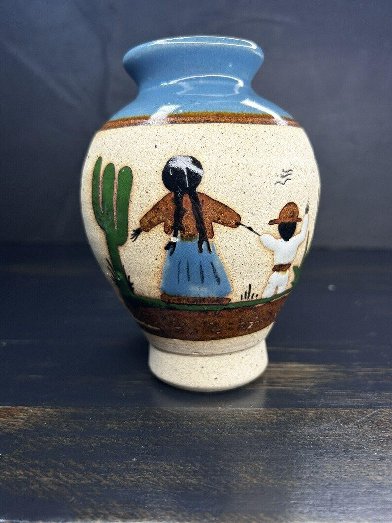 Vintage Hand-Painted Mexican Folk Art Pottery Vase, Mother and Child Scene, Cancun, Cream and Blue image 10