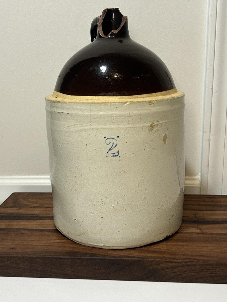 Antique 2-Gallon Stoneware Whiskey Jug, Two-Tone Albany Slip Glaze and Cobalt 2 Mark image 1