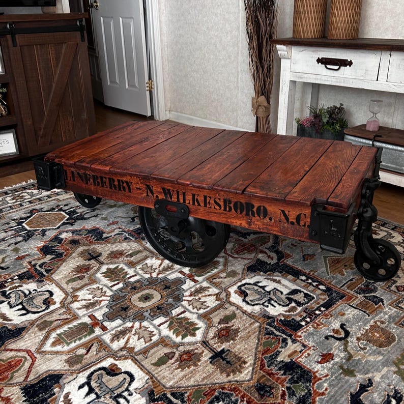 Antique Lineberry Factory Cart Coffee Table – Restored Industrial Mill Cart Cast Iron Wheels Reclaimed Wood Coffee Table Custom Stained image 5