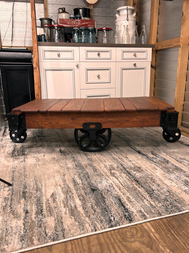 Antique Lineberry Factory Cart Coffee Table – Restored Industrial Mill Cart Cast Iron Wheels Reclaimed Wood Coffee Table Custom Stained image 7