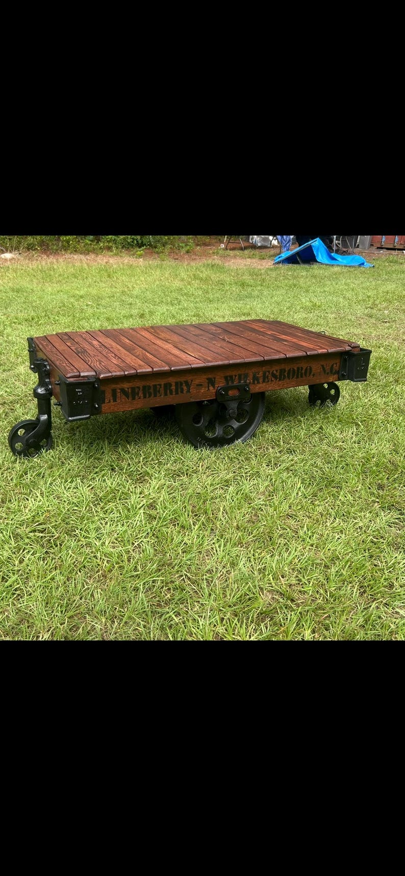 Antique Lineberry Factory Cart Coffee Table – Restored Industrial Mill Cart Cast Iron Wheels Reclaimed Wood Coffee Table Custom Stained image 4