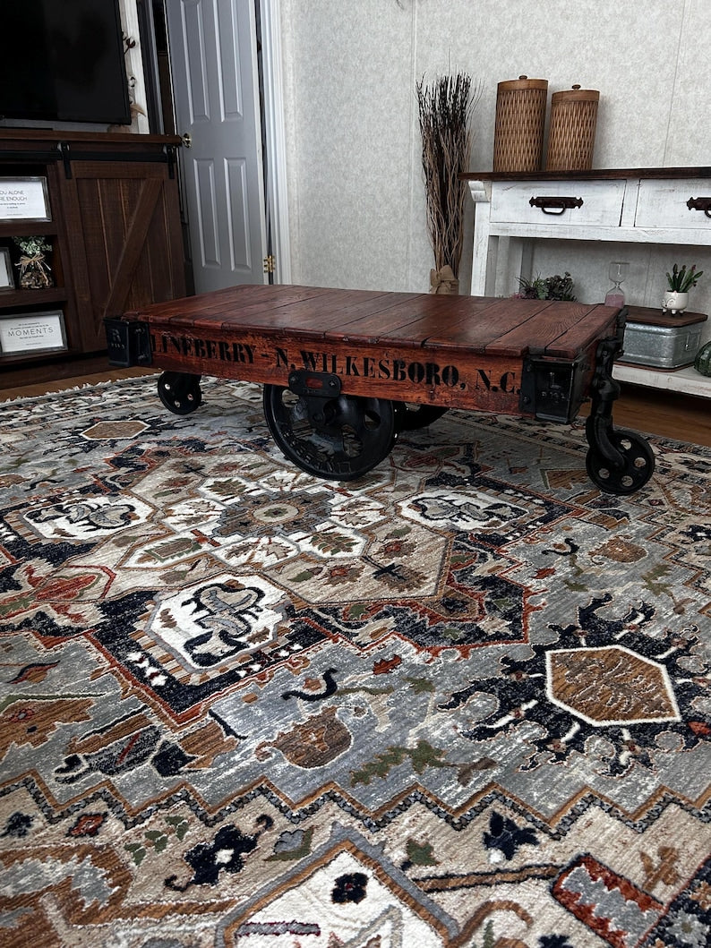 Antique Lineberry Factory Cart Coffee Table – Restored Industrial Mill Cart Cast Iron Wheels Reclaimed Wood Coffee Table Custom Stained image 8