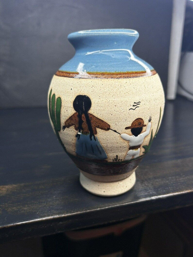 Vintage Hand-Painted Mexican Folk Art Pottery Vase, Mother and Child Scene, Cancun, Cream and Blue image 2