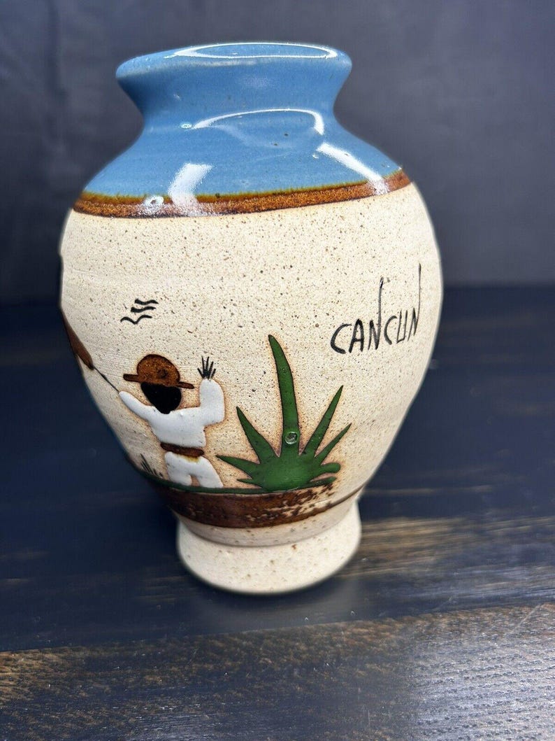 Vintage Hand-Painted Mexican Folk Art Pottery Vase, Mother and Child Scene, Cancun, Cream and Blue image 3
