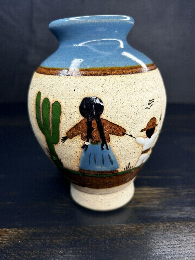 Vintage Hand-Painted Mexican Folk Art Pottery Vase, Mother and Child Scene, Cancun, Cream and Blue image 5
