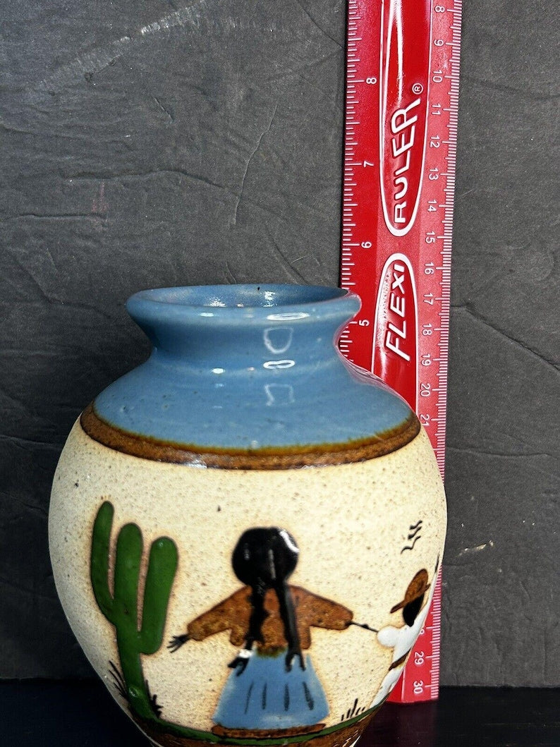 Vintage Hand-Painted Mexican Folk Art Pottery Vase, Mother and Child Scene, Cancun, Cream and Blue image 6