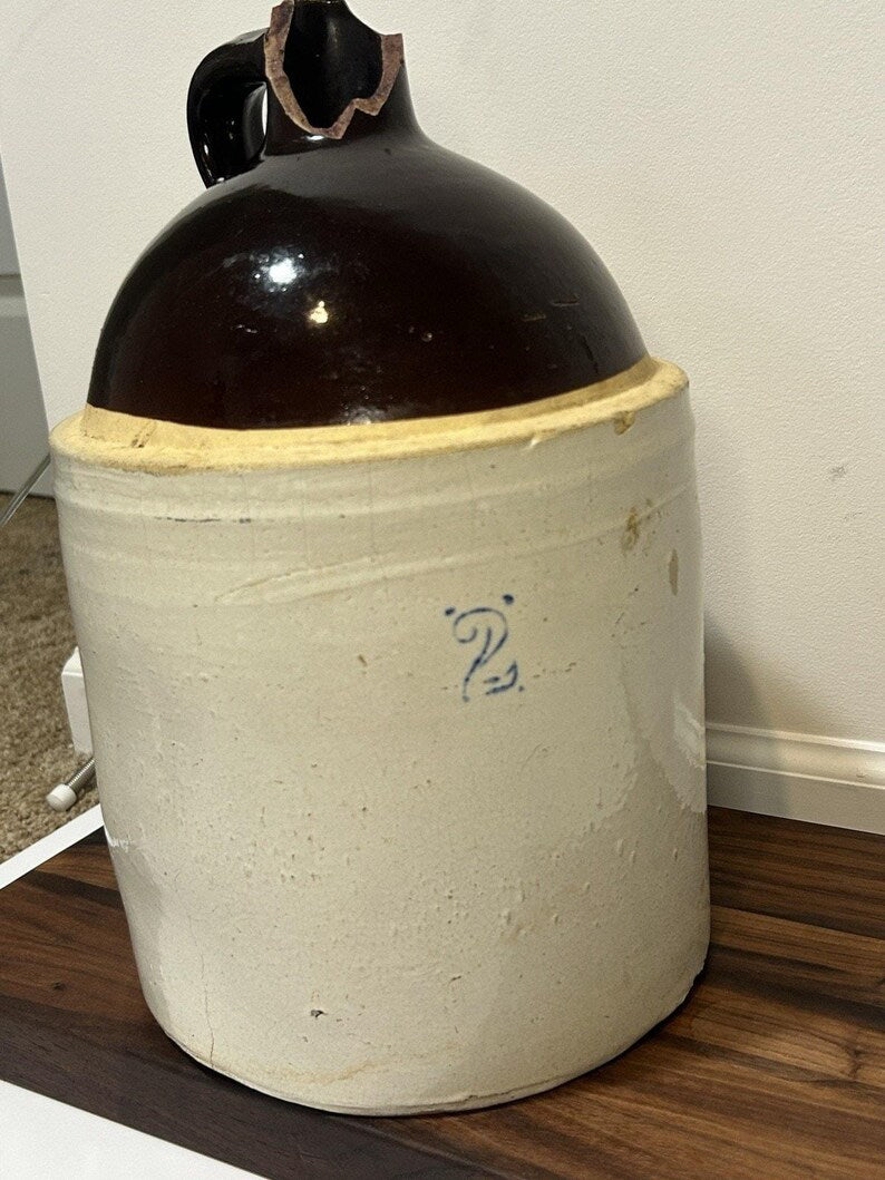 Antique 2-Gallon Stoneware Whiskey Jug, Two-Tone Albany Slip Glaze and Cobalt 2 Mark image 4