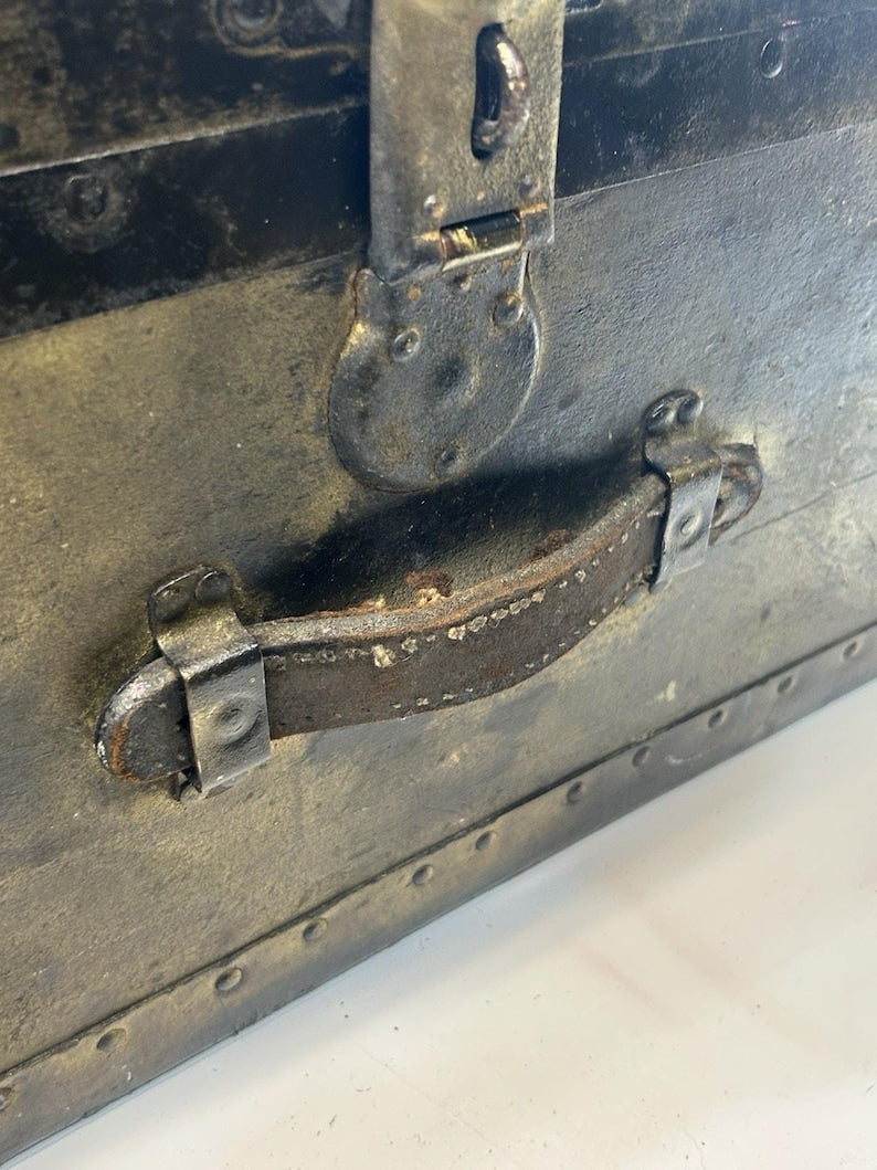 Antique Steamer Trunk, Rustic Riveted Metal, Farmhouse Storage Chest image 2