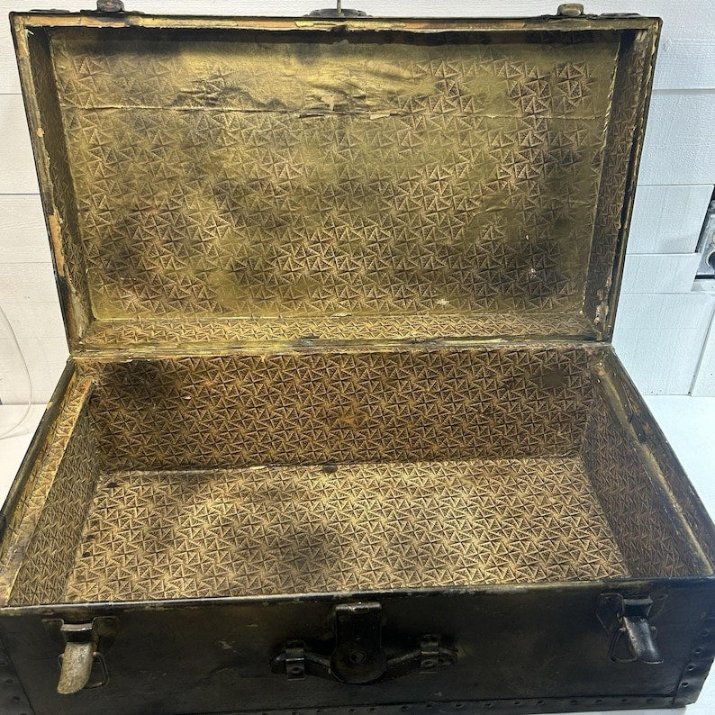 Antique Steamer Trunk, Rustic Riveted Metal, Farmhouse Storage Chest image 3