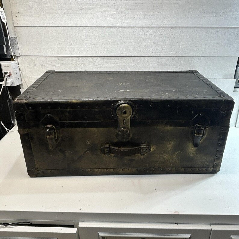 Antique Steamer Trunk, Rustic Riveted Metal, Farmhouse Storage Chest image 4