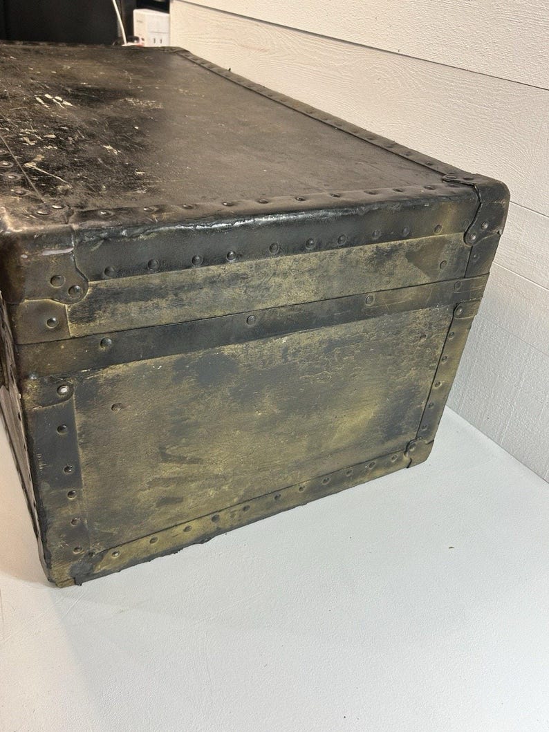Antique Steamer Trunk, Rustic Riveted Metal, Farmhouse Storage Chest image 6