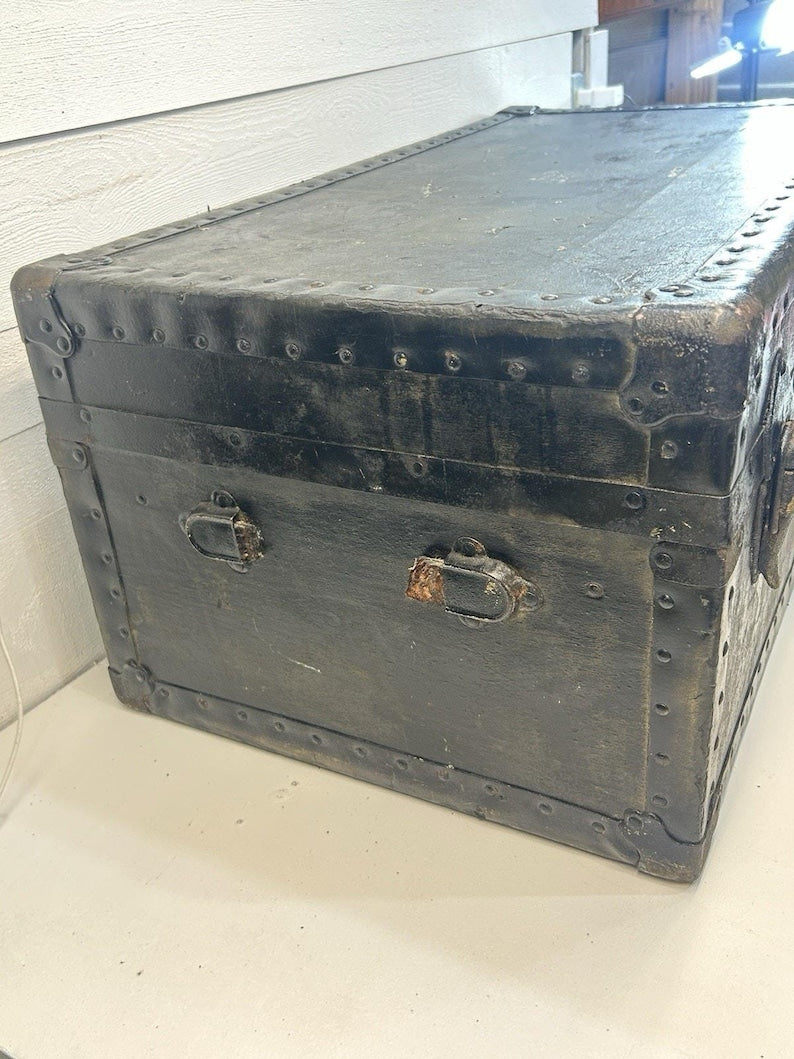 Antique Steamer Trunk, Rustic Riveted Metal, Farmhouse Storage Chest image 7