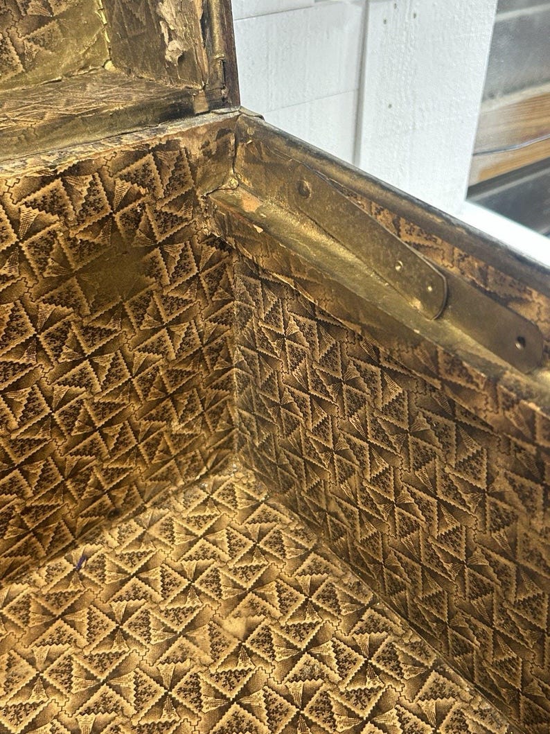Antique Steamer Trunk, Rustic Riveted Metal, Farmhouse Storage Chest image 9