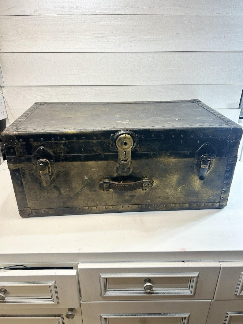 Antique Steamer Trunk, Rustic Riveted Metal, Farmhouse Storage Chest image 10