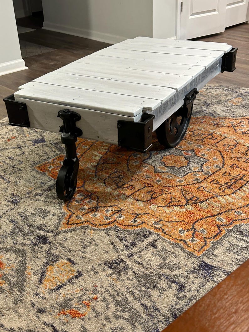 Antique Lineberry Factory Cart Coffee Table – Restored Industrial Mill Cart Cast Iron Wheels Reclaimed Wood Coffee Table Custom Stained image 3