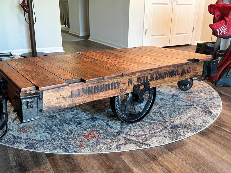 Antique Lineberry Factory Cart Coffee Table – Restored Industrial Mill Cart Cast Iron Wheels Reclaimed Wood Coffee Table Custom Stained image 9