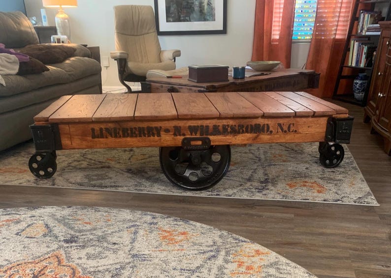 Antique Lineberry Factory Cart Coffee Table – Restored Industrial Mill Cart Cast Iron Wheels Reclaimed Wood Coffee Table Custom Stained image 6