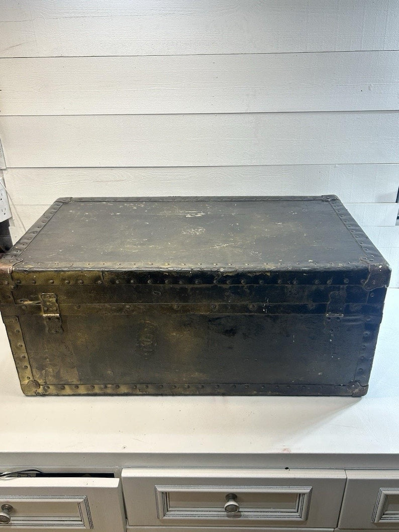 Antique Steamer Trunk, Rustic Riveted Metal, Farmhouse Storage Chest image 5