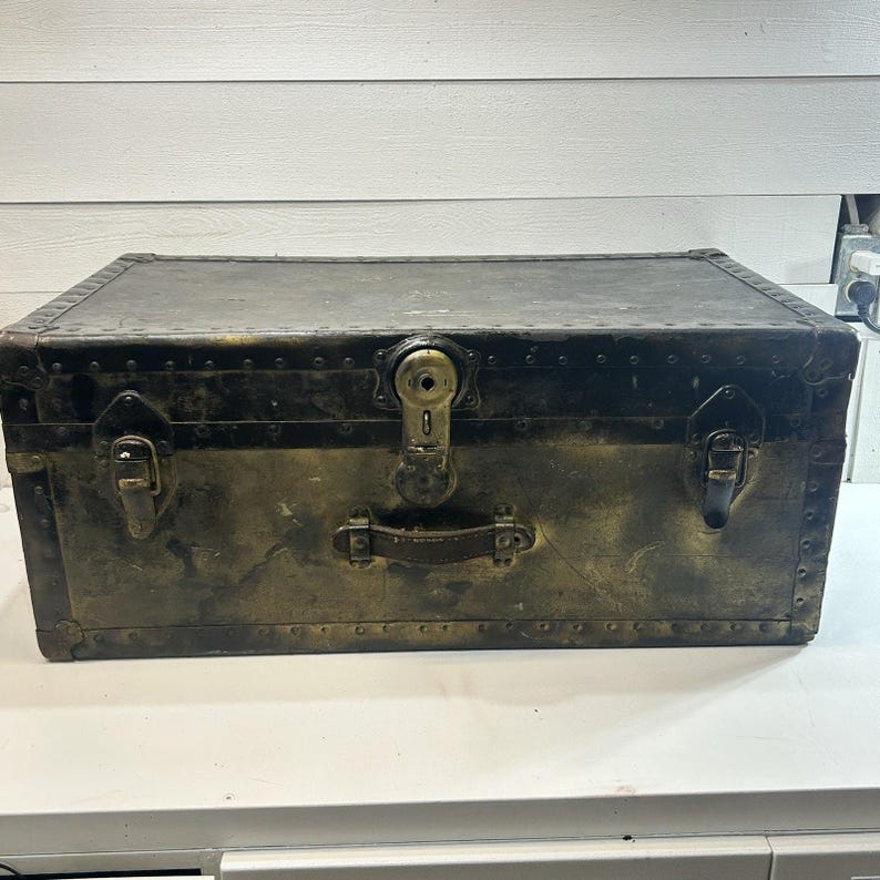 Antique Steamer Trunk, Rustic Riveted Metal, Farmhouse Storage Chest image 8