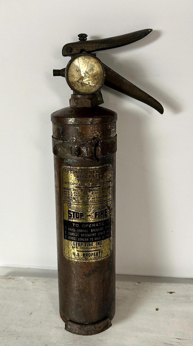 Vintage STOPFYRE Fire Extinguisher, Aviation-Style Industrial Hardware image 8
