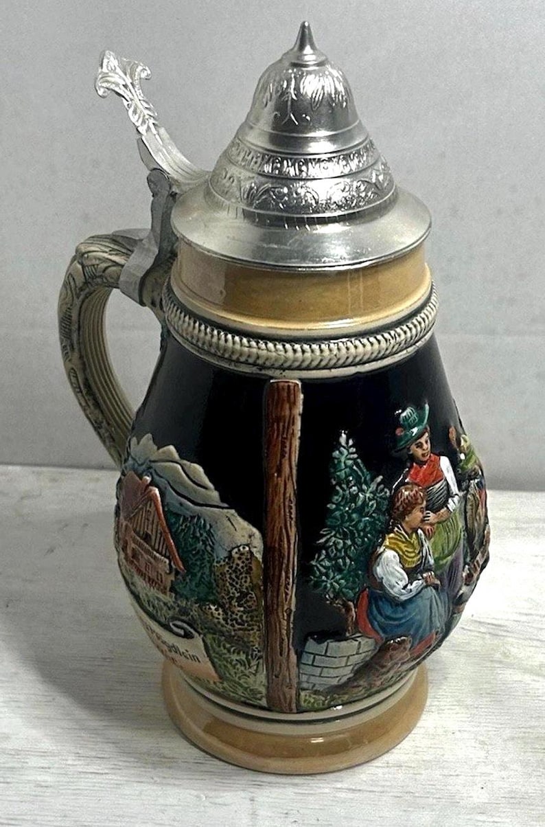 Vintage German Beer Stein 1 Liter Pewter Lid Bavarian Village Scene Oktoberfest Mug Rustic Bar Collectible image 1