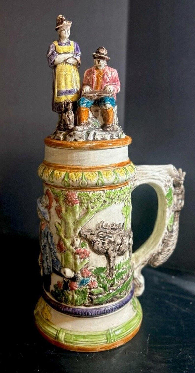 Vintage 1974 Hand-Painted Ceramic Beer Stein, Folk Art Tankard image 2