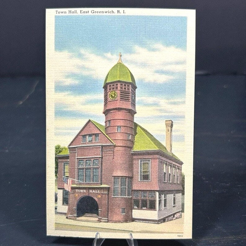 1930s East Greenwich RI Town Hall Linen Postcard, Historic Architecture, Vintage Paper Ephemera image 1