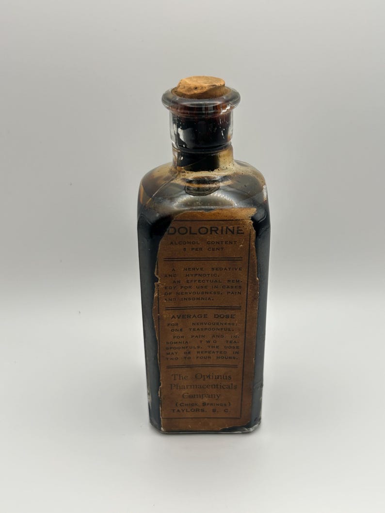 Antique Taylors SC Dolorine Medicine Bottle Full Contents Nerve Sedative Apothecary Cork Stopper image 2