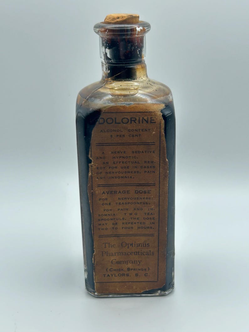 Antique Taylors SC Dolorine Medicine Bottle Full Contents Nerve Sedative Apothecary Cork Stopper image 3