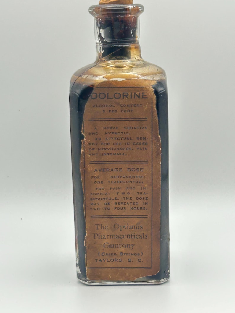 Antique Taylors SC Dolorine Medicine Bottle Full Contents Nerve Sedative Apothecary Cork Stopper image 5