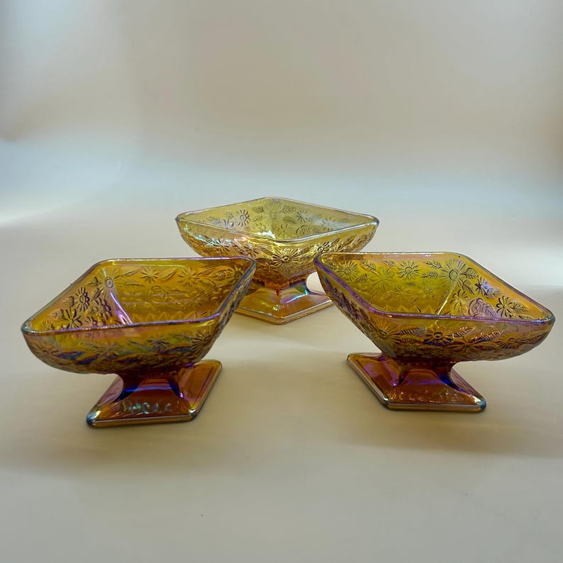 Vintage Marigold Carnival Glass Pedestal Bowls, Set of 3 Iridescent Footed Dishes image 3