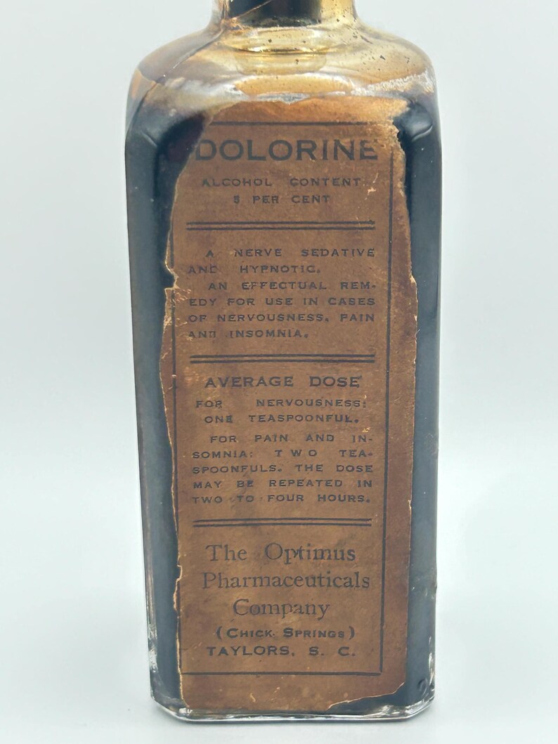 Antique Taylors SC Dolorine Medicine Bottle Full Contents Nerve Sedative Apothecary Cork Stopper image 9