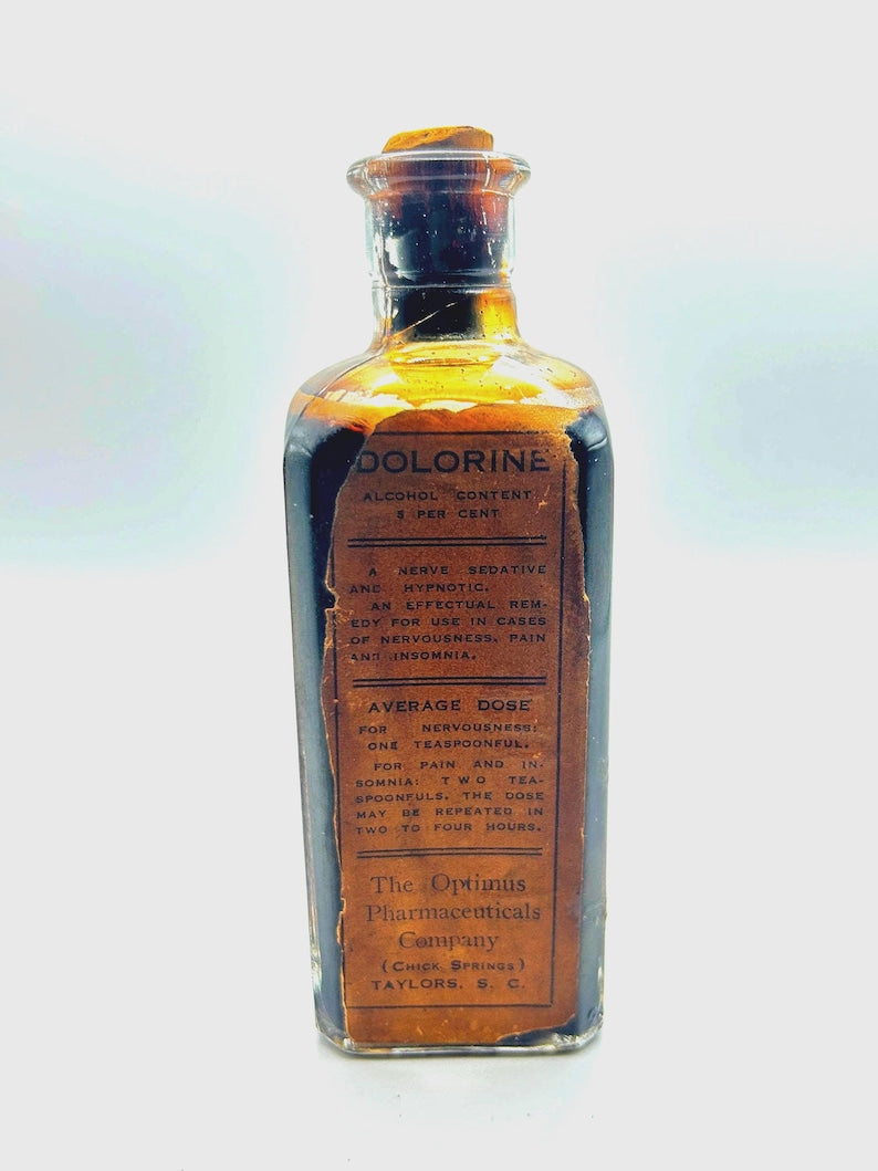 Antique Taylors SC Dolorine Medicine Bottle Full Contents Nerve Sedative Apothecary Cork Stopper image 1