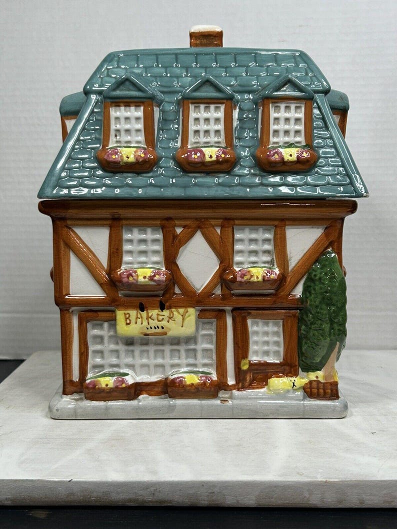 Vintage 1999 Sherwood Brands Bakery Building Cookie Jar, Ceramic Cottage Kitchen image 1
