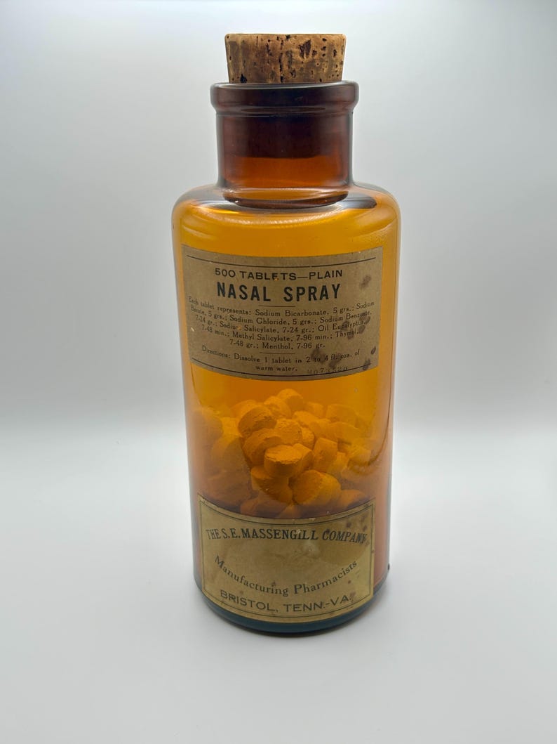 Antique S.E. Massengill Apothecary Bottle Amber Glass With Original Tablets and Cork Pharmacy Jar image 1