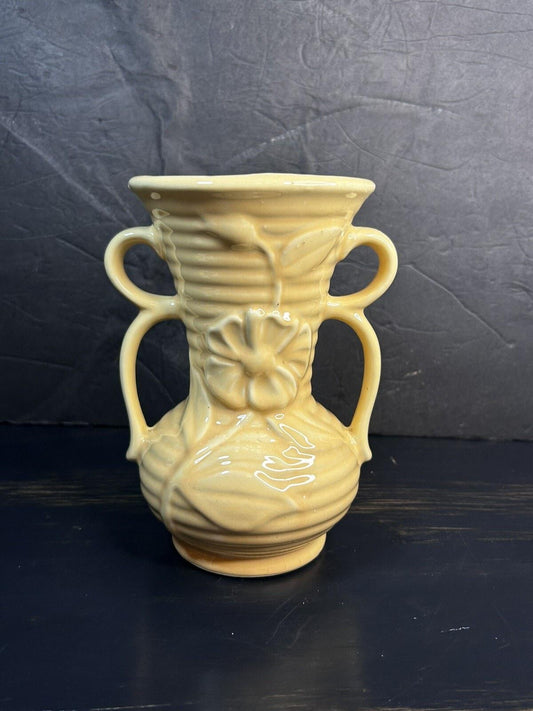 Vintage Shawnee USA Double Handle Vase Pale Yellow Floral MCM Art Pottery