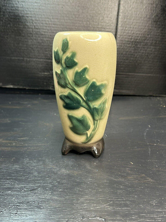Vintage Mid Century Art Pottery Vase 8 Inch Green Floral Matte Glaze Tripod Foot