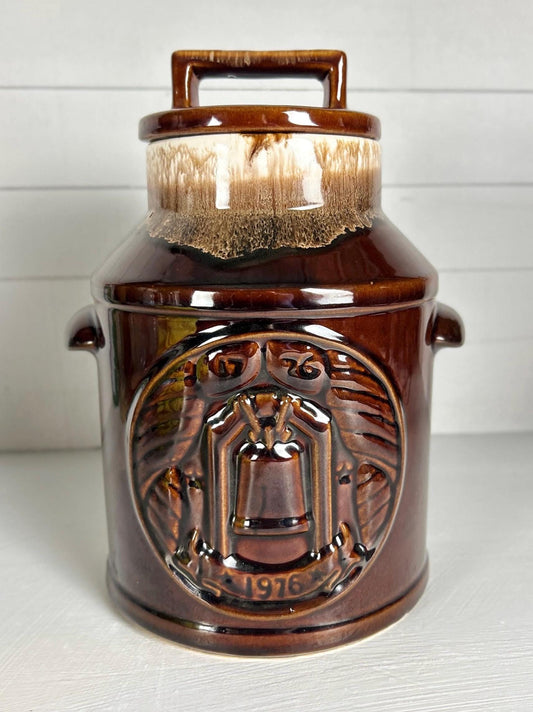Vintage 1976 Bicentennial Stoneware Crock Canister Brown Drip Glaze Farmhouse Kitchen