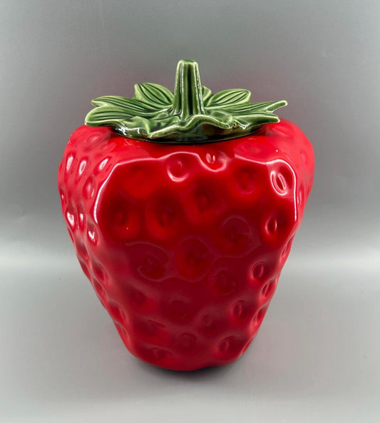 Vintage McCoy Strawberry Cookie Jar Red Fruit Jar with Lid Mid Century Pottery